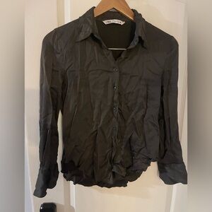 Zara Women's Charcoal Satin Button-Down Shirt
